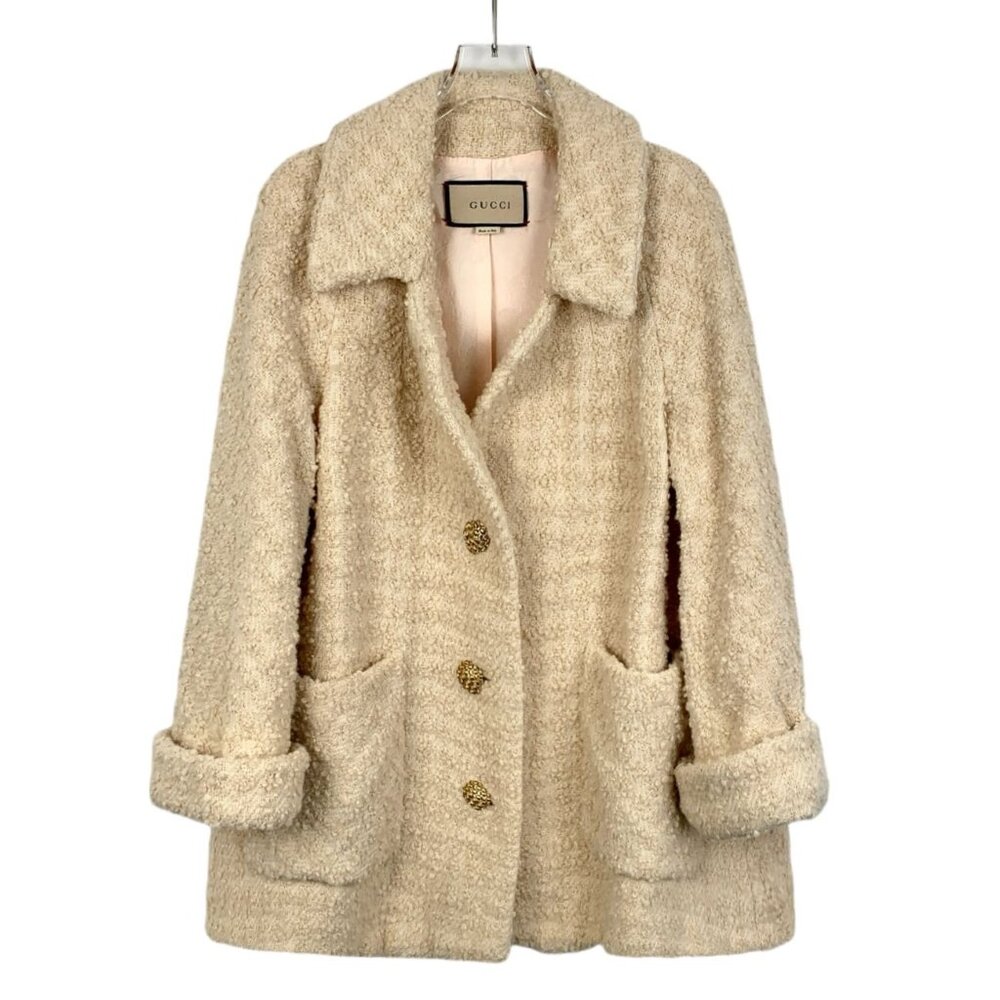 Gucci Womens Beige Tweed Wool Blend Coat W/ Gold Buttons Size 36 XS Made In Ital